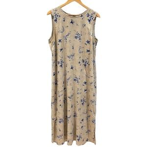 Vintage Linen Maxi Shift Dress in Tan & Blue Floral sz 14